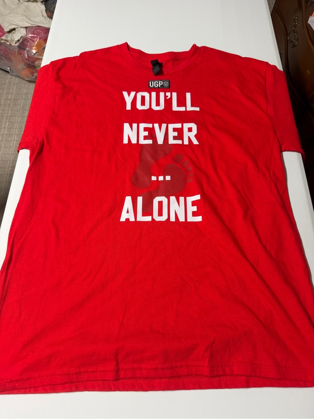 Gildan Red Short Sleeve Graphic Tee - "YOU'LL NEVER ... ALONE"